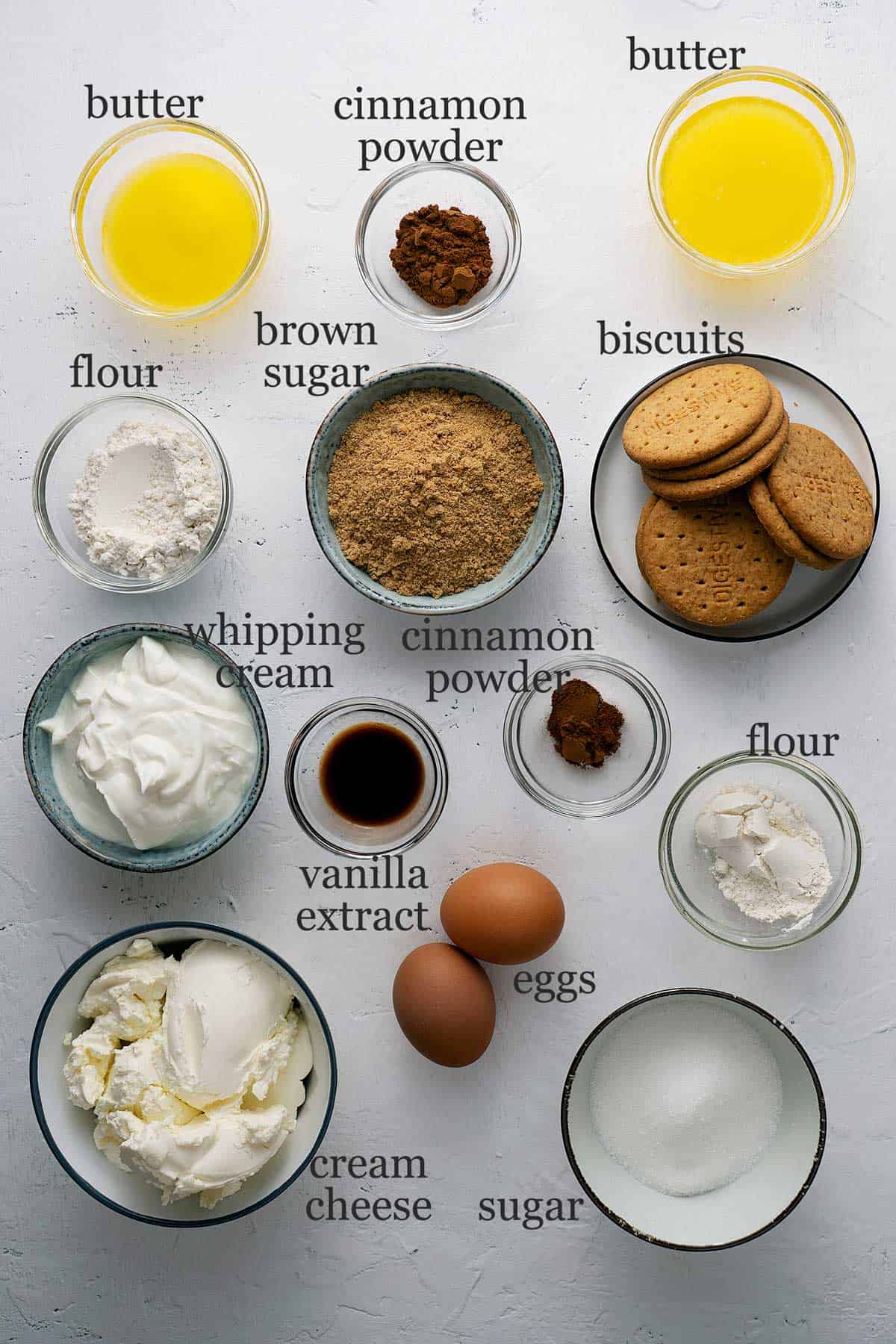 ingredients for cinnamon roll cheesecake.