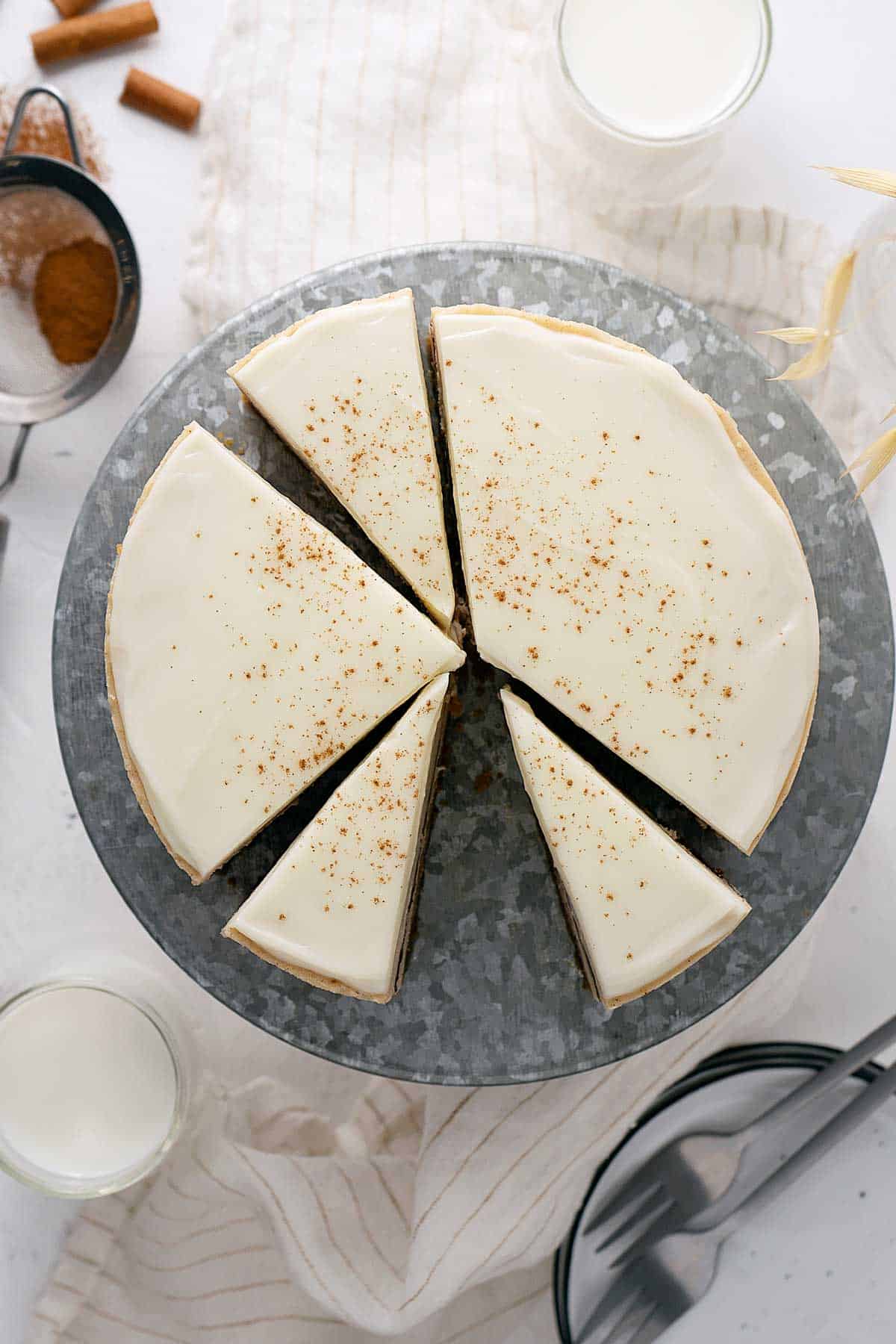 overhead view of cinnamon roll cheesecake.