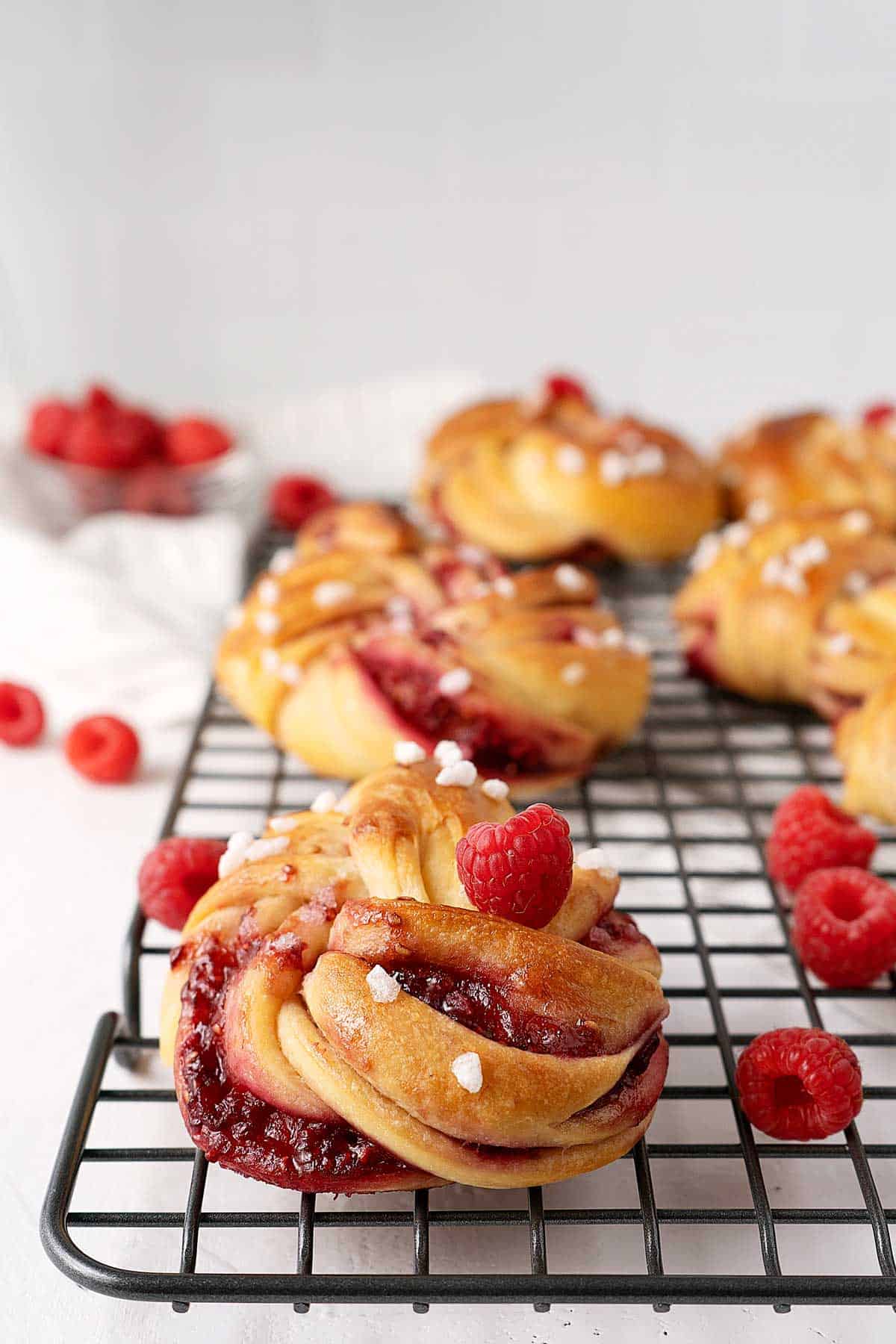 raspberry twisted bun from the side.