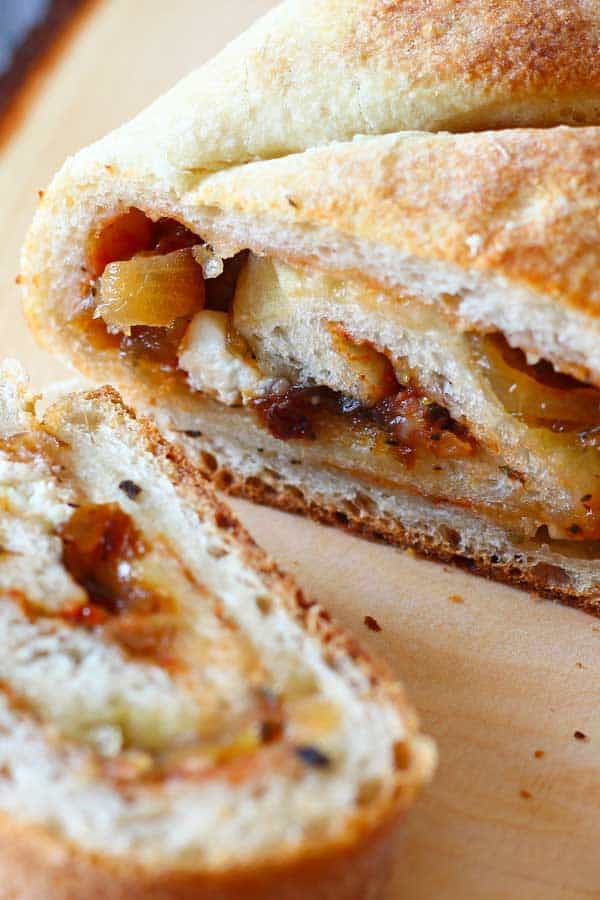 goat cheese & caramelized onion rolled pizza