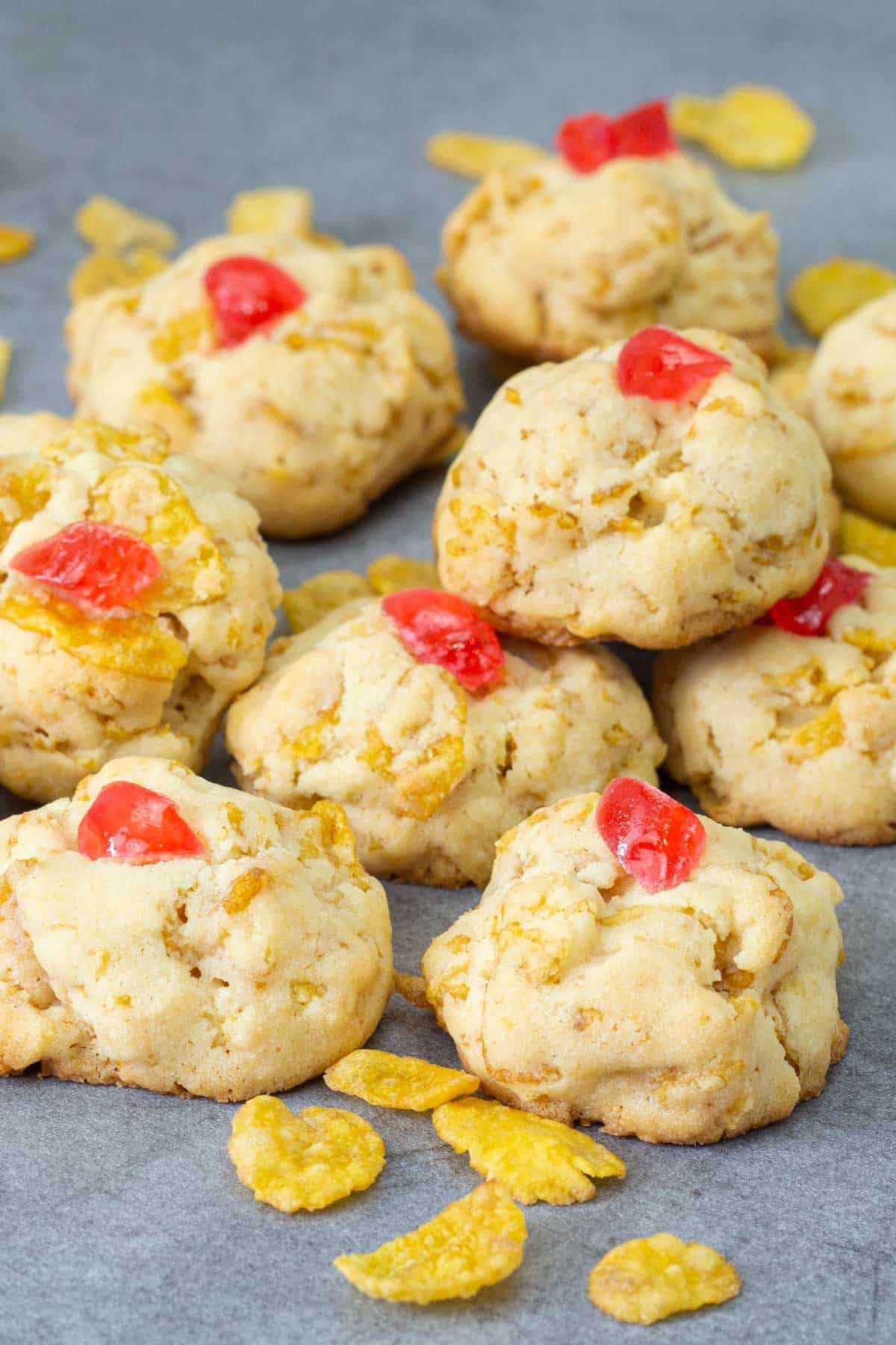 Cornflake cookies on a kitchen countertop.