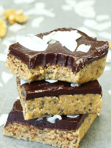 Healthy No Bake Chocolate Peanut Butter Bars Stacked