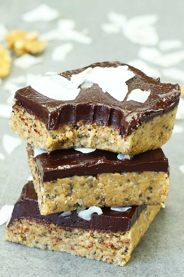 Healthy No Bake Chocolate Peanut Butter Bars Stacked