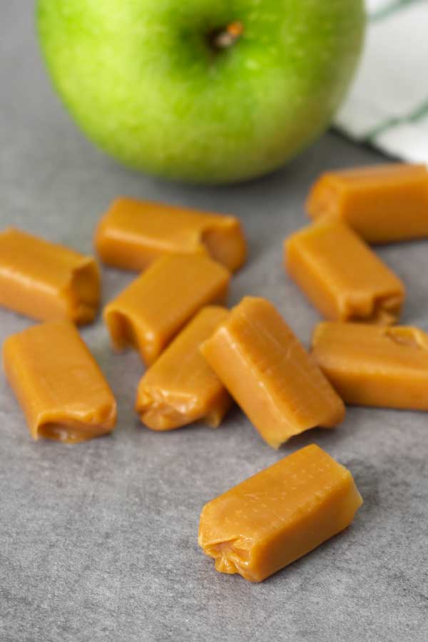 caramel toffee candies and granny smith apple