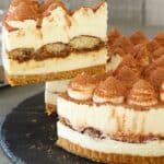 No bake tiramisu cheesecake portion being cut