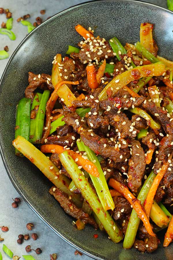 Szechuan beef in a bowl