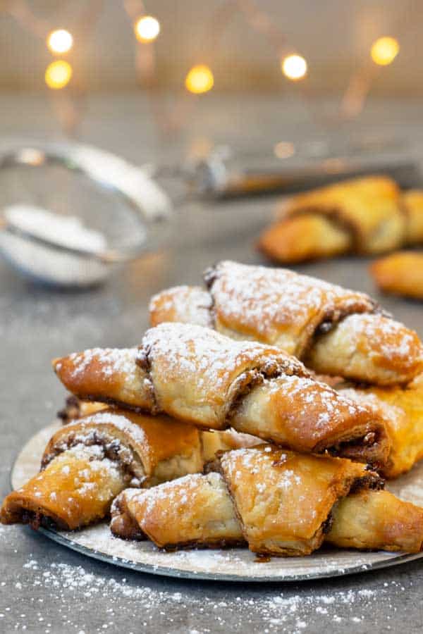 Rugelach cookies served on a plate.