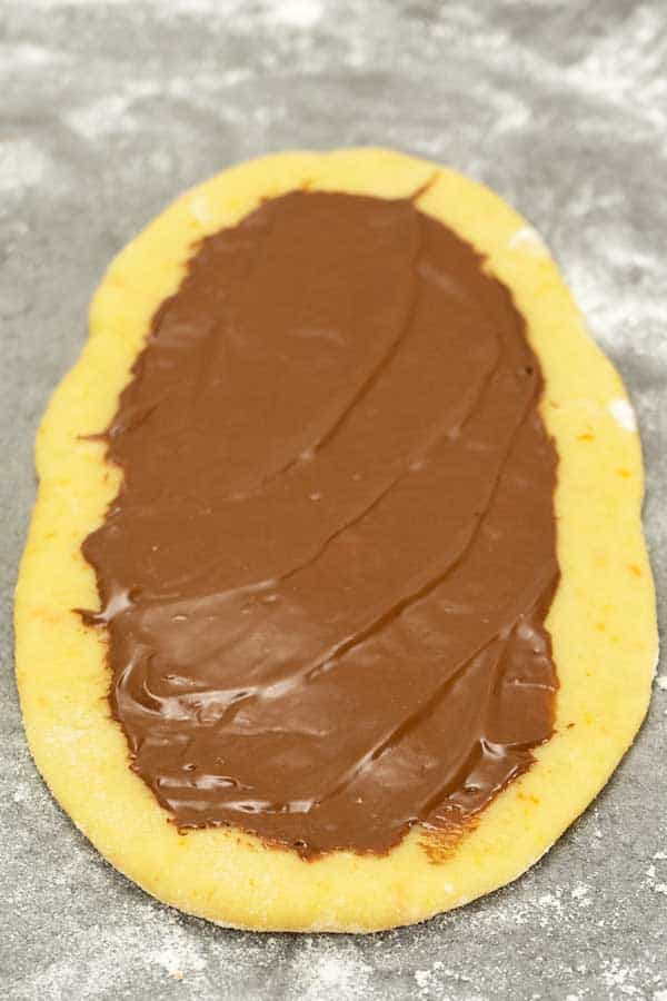 Babka dough rolled with some Nutella spread on top