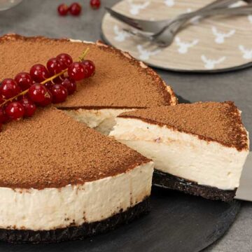 serving a portion of Irish cream cheesecake