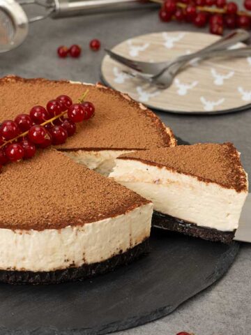 serving a portion of Irish cream cheesecake