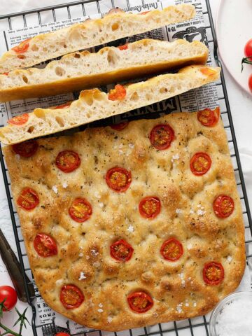 no-knead focaccia on a cooling rack