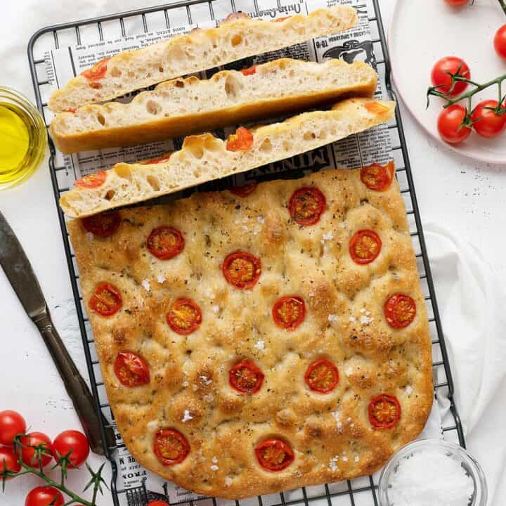 no-knead focaccia on a cooling rack