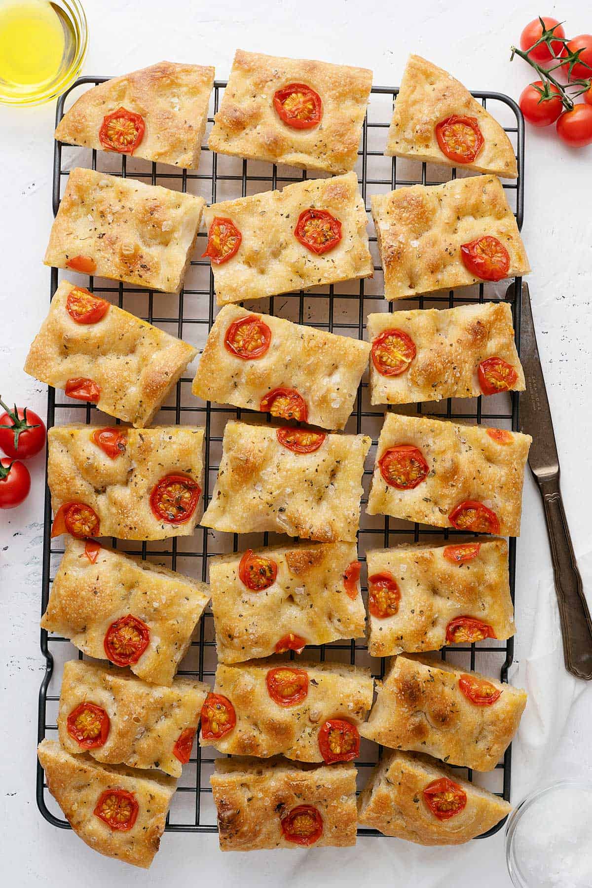 no-knead focaccia cut in pieces