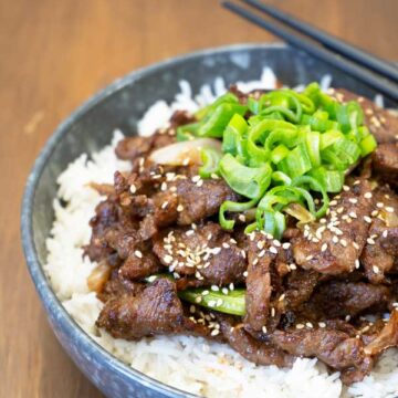 Korean BBQ Beef served on a bowl of rice