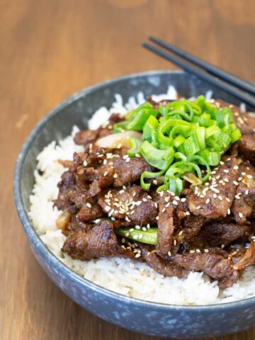 Korean BBQ Beef served on a bowl of rice