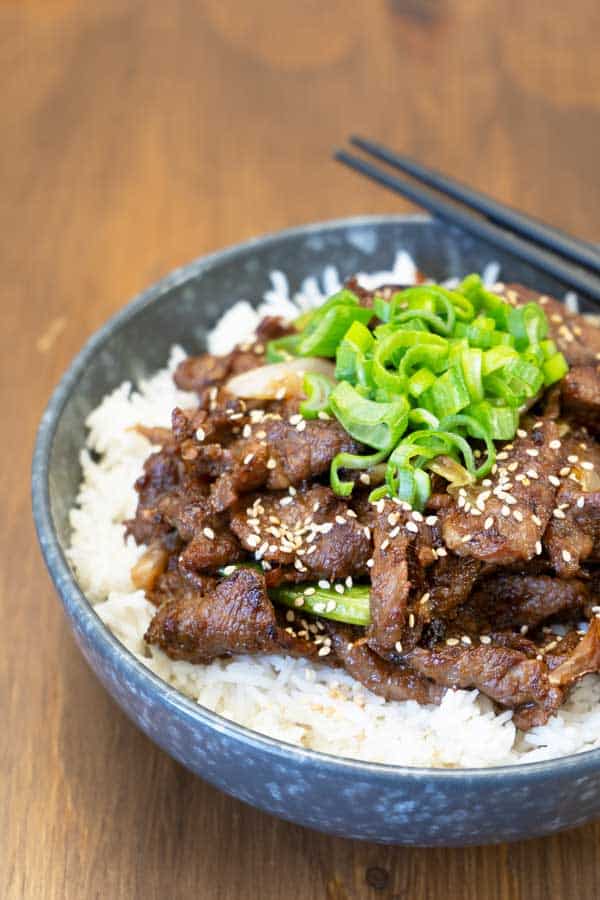 Korean BBQ Beef served on a bowl of rice