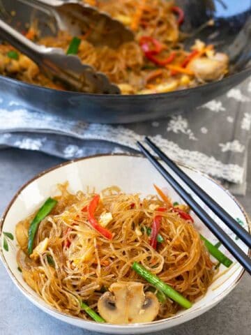 stir fry glass noodles served on a plate