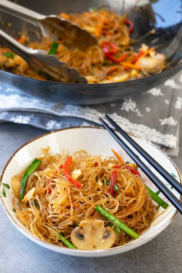 stir fry glass noodles served on a plate