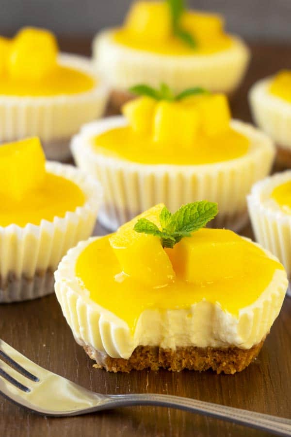 Creamy no bake mini mango lassi cheesecake on a table