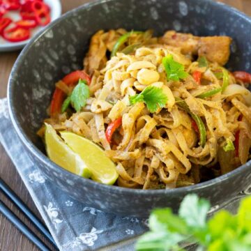 Stir Fry Noodles with Peanut Sauce in a bowl