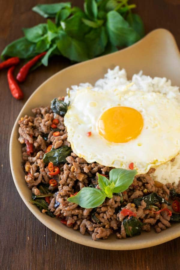 Basil stir fry with rice and fried egg