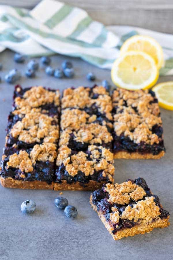 healthy blueberry crumb bars on a table