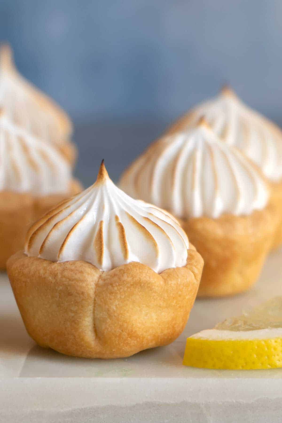 close up of lemon meringue pie bites