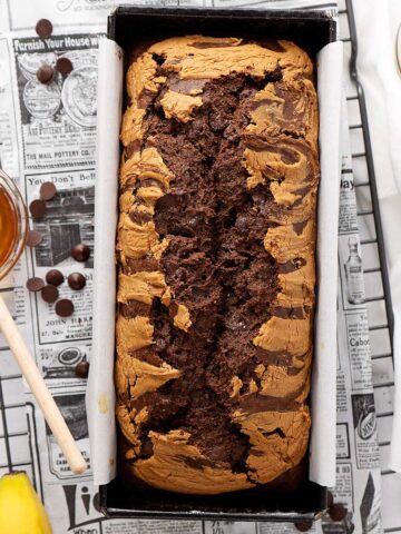 Healthy Chocolate Peanut Butter Banana Bread view from top