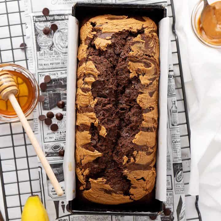 Healthy Chocolate Peanut Butter Banana Bread view from top