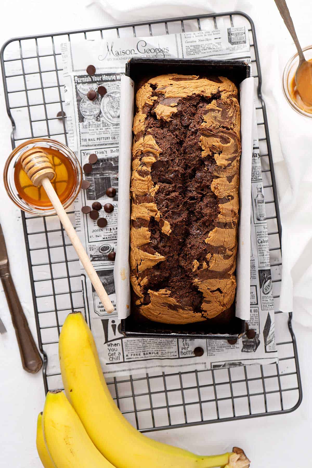 Healthy banana bread cooling on a rack