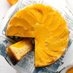 Peach upside down cake view from top