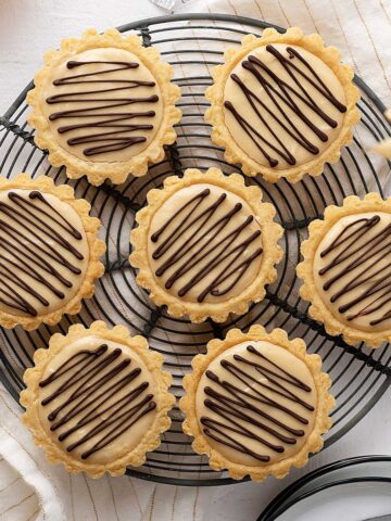 overhead view peanut butter cheesecake tarts.