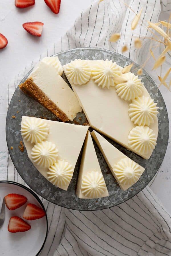 Top view of cut vanilla cheesecake