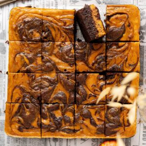 Overhead view pumpkin cheesecake brownies.