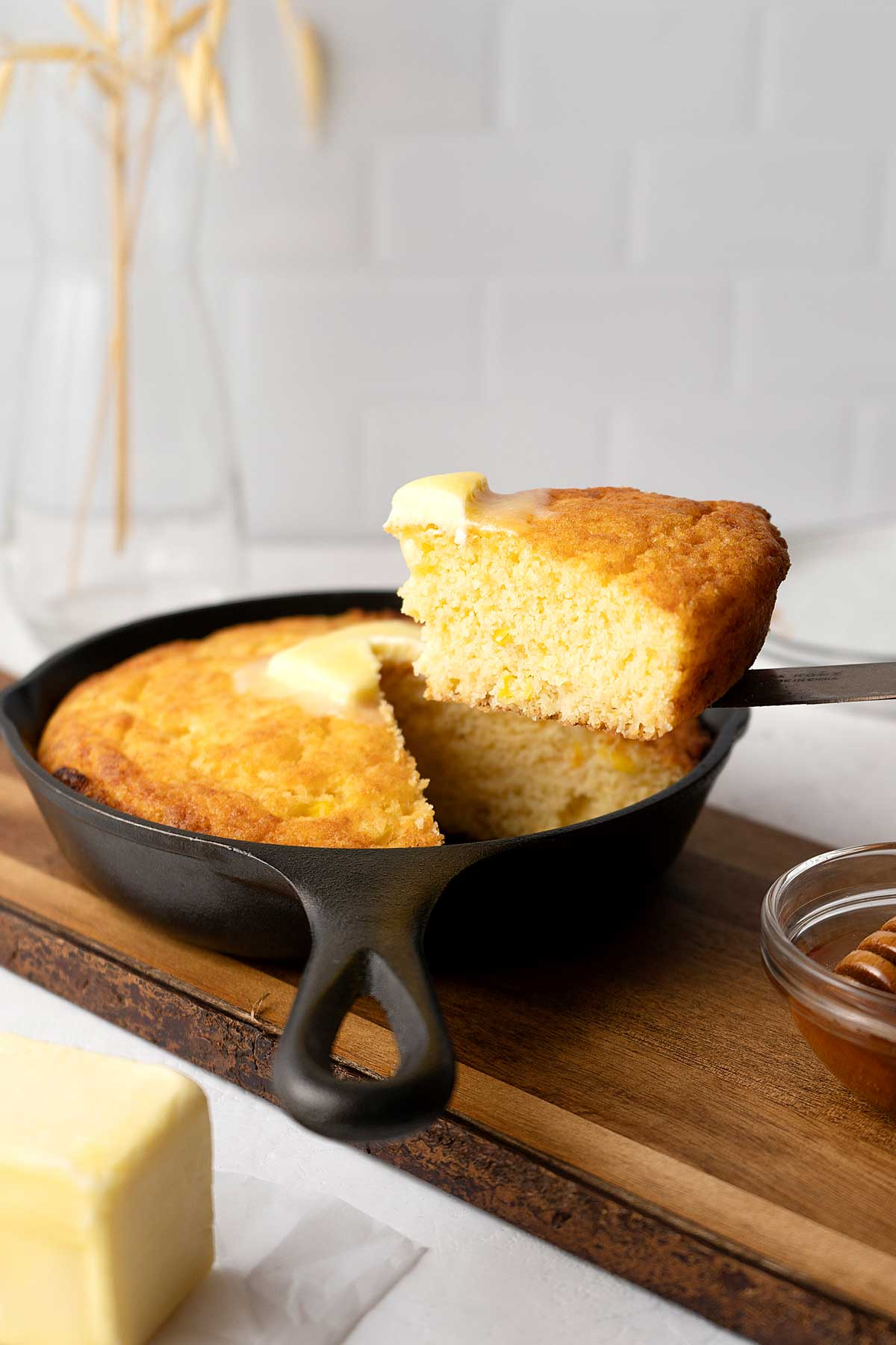 serving cornbread from the skillet.