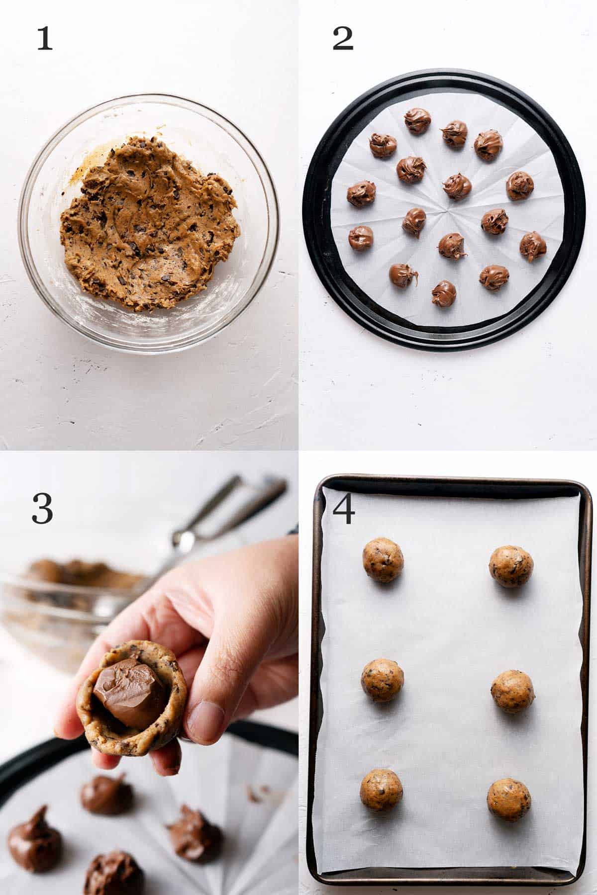 process of making Nutella stuffed chocolate chunk cookies