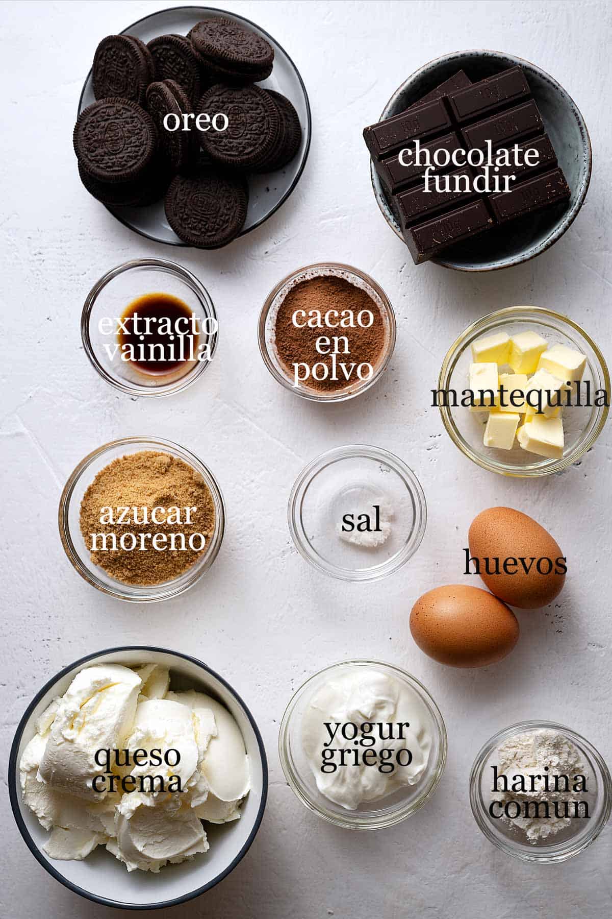 ingredientes para cheesecake de chocolate.