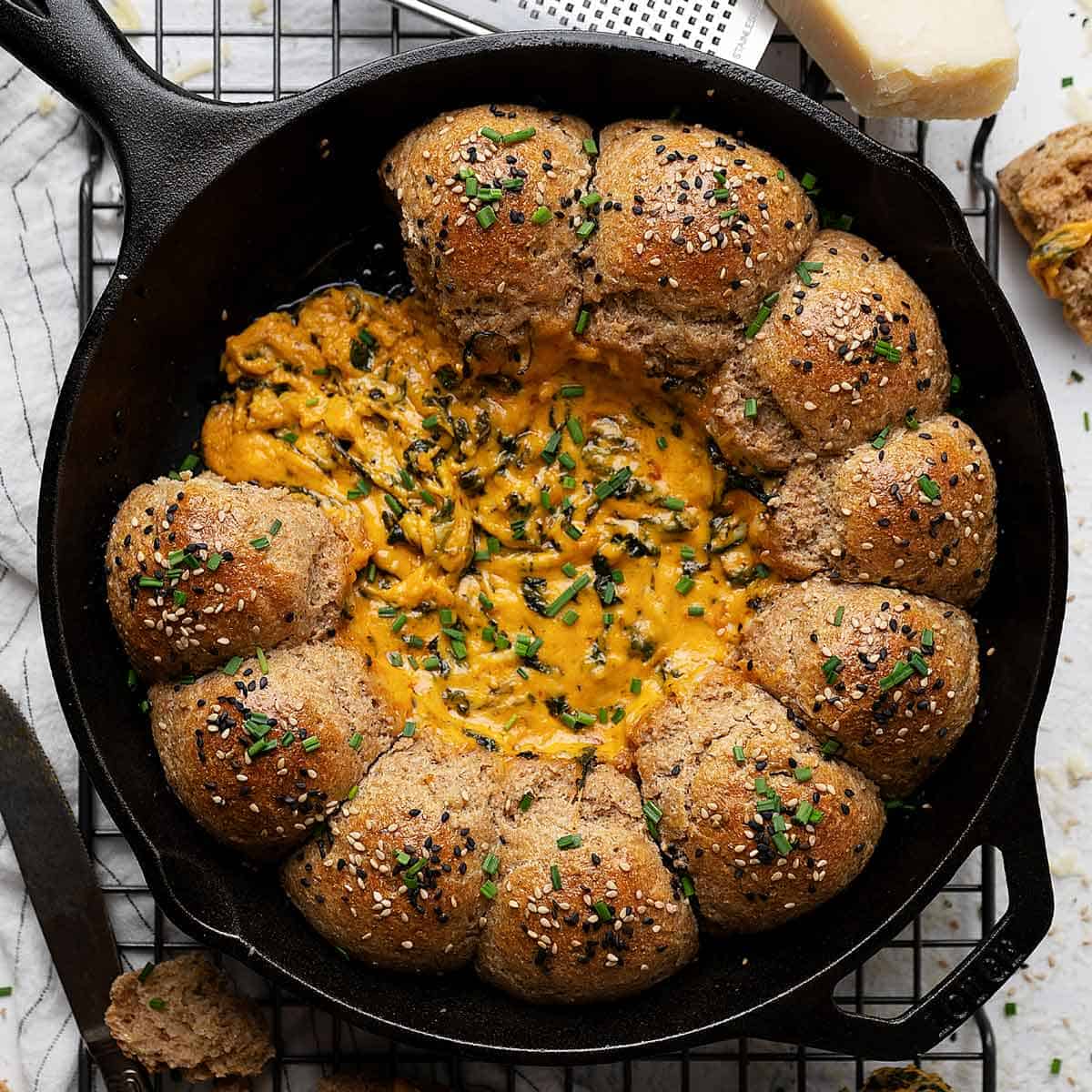 Skillet Pull Apart Whole Wheat Buns (With Cheese Dip)