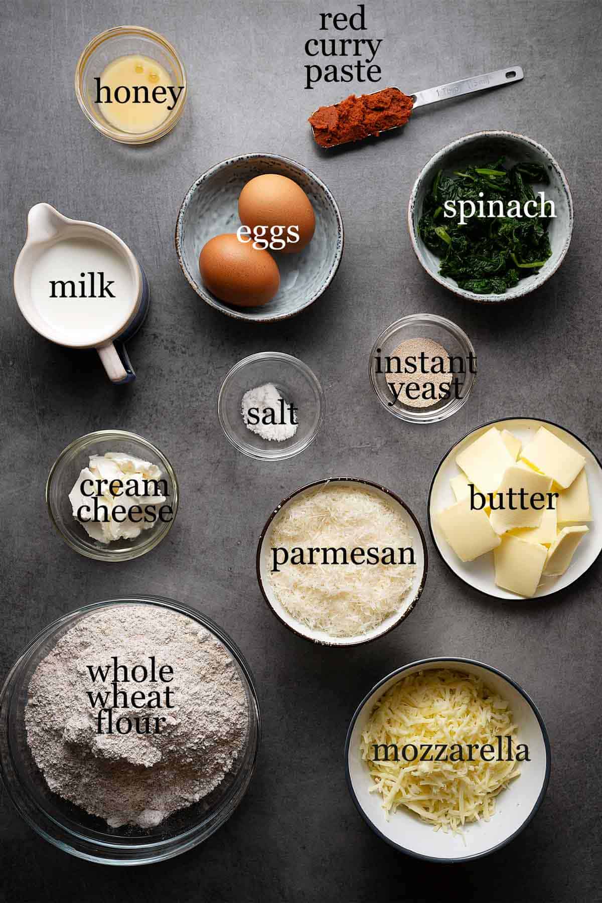 Ingredients for skillet pull apart whole wheat buns