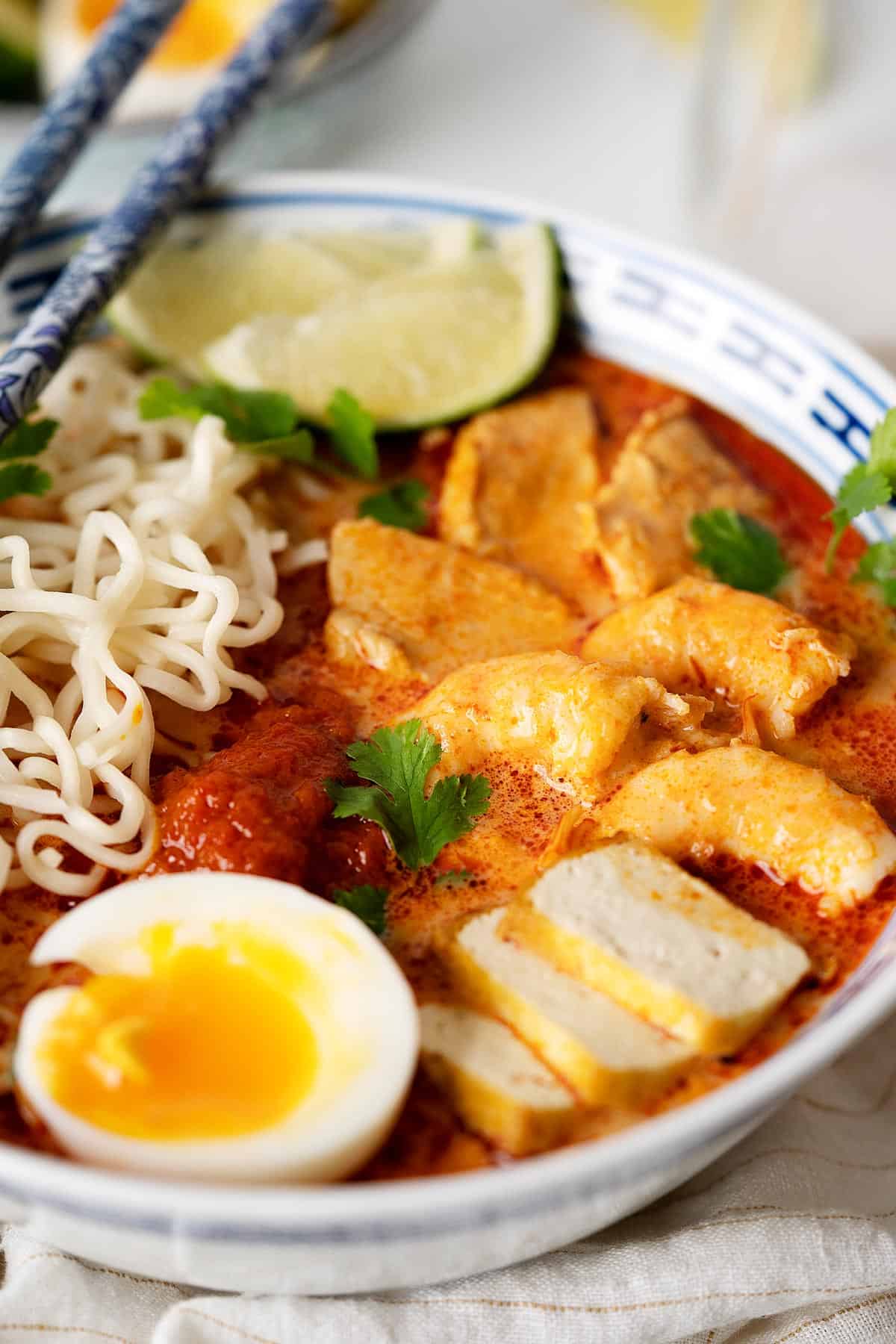 Close up of quick red curry laksa in a bowl