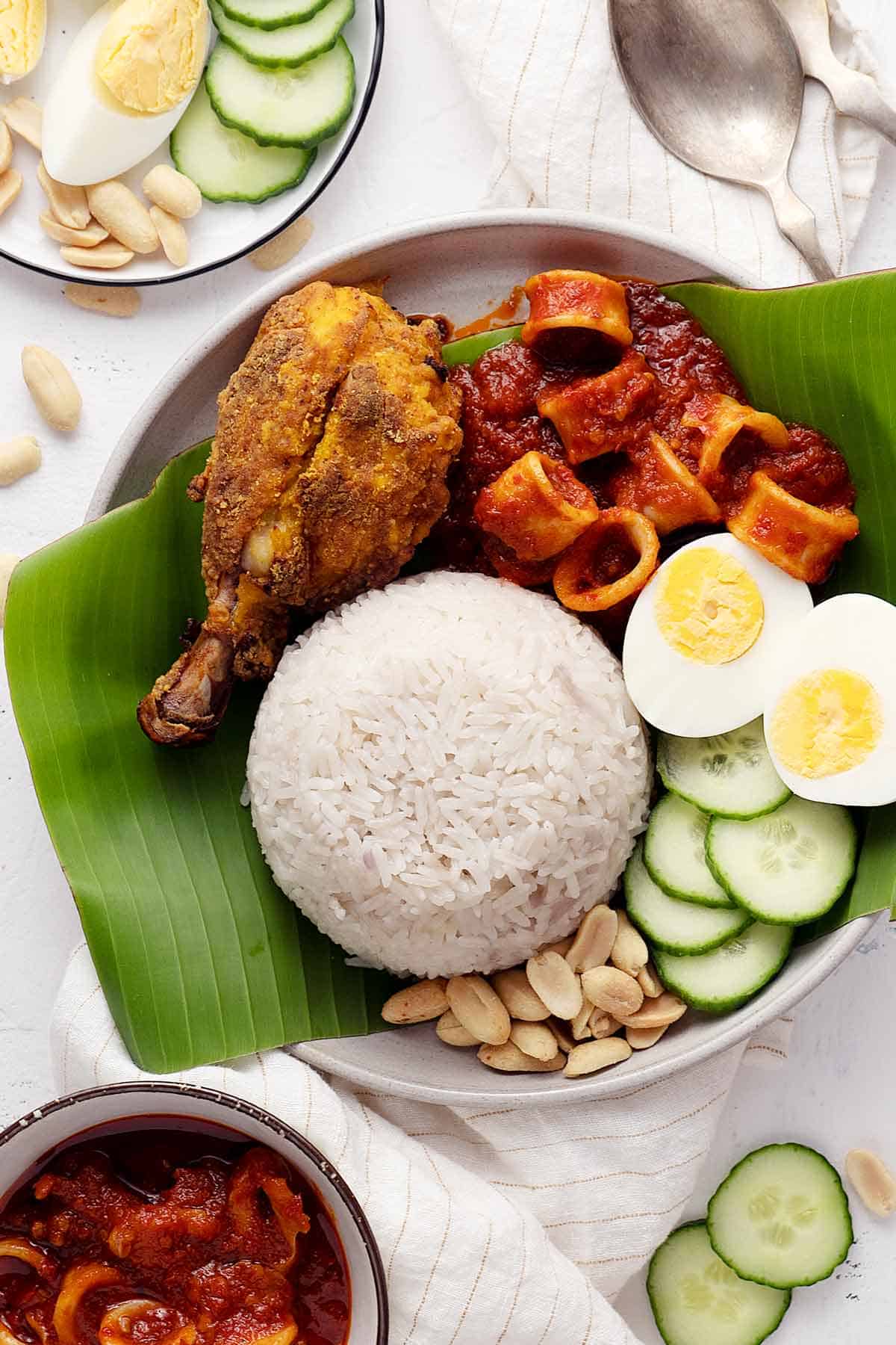 Nasi lemak in a plate with all its trimmings