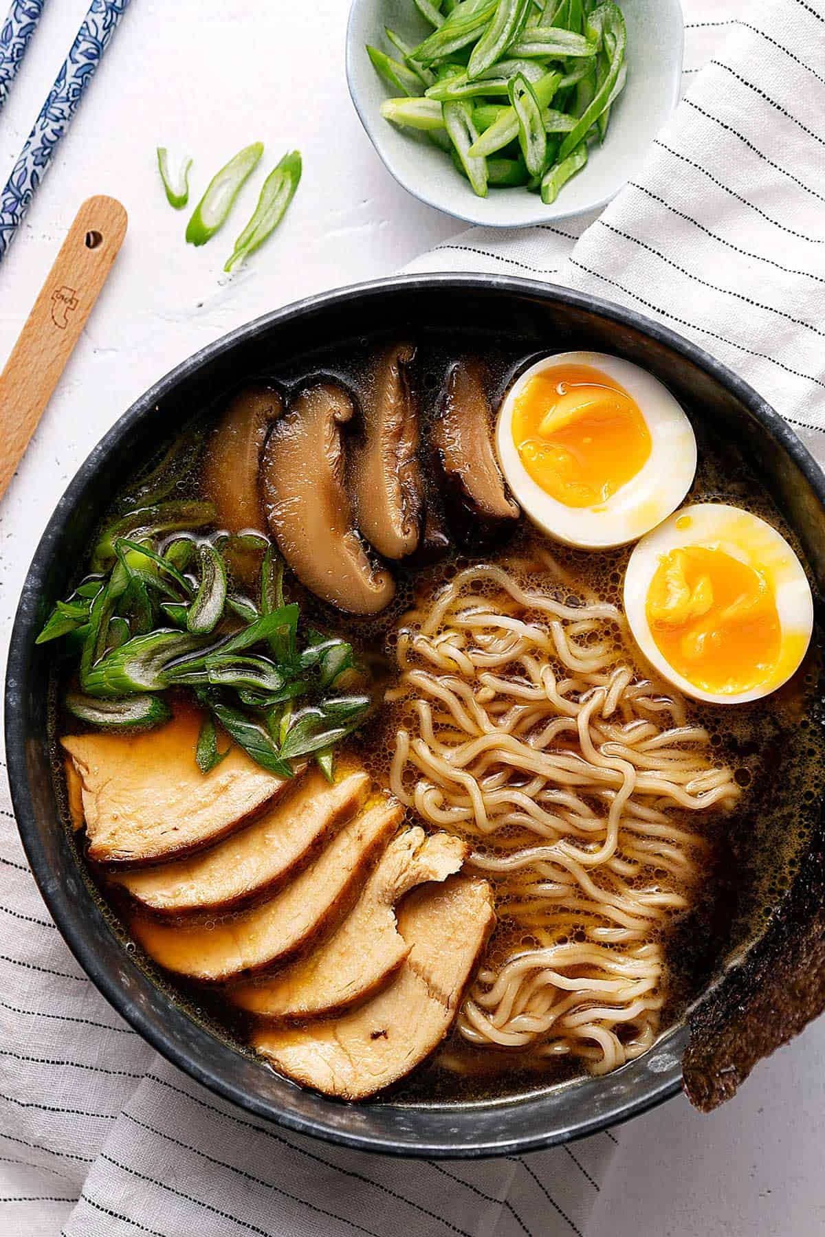 chicken ramen bowl view from top.