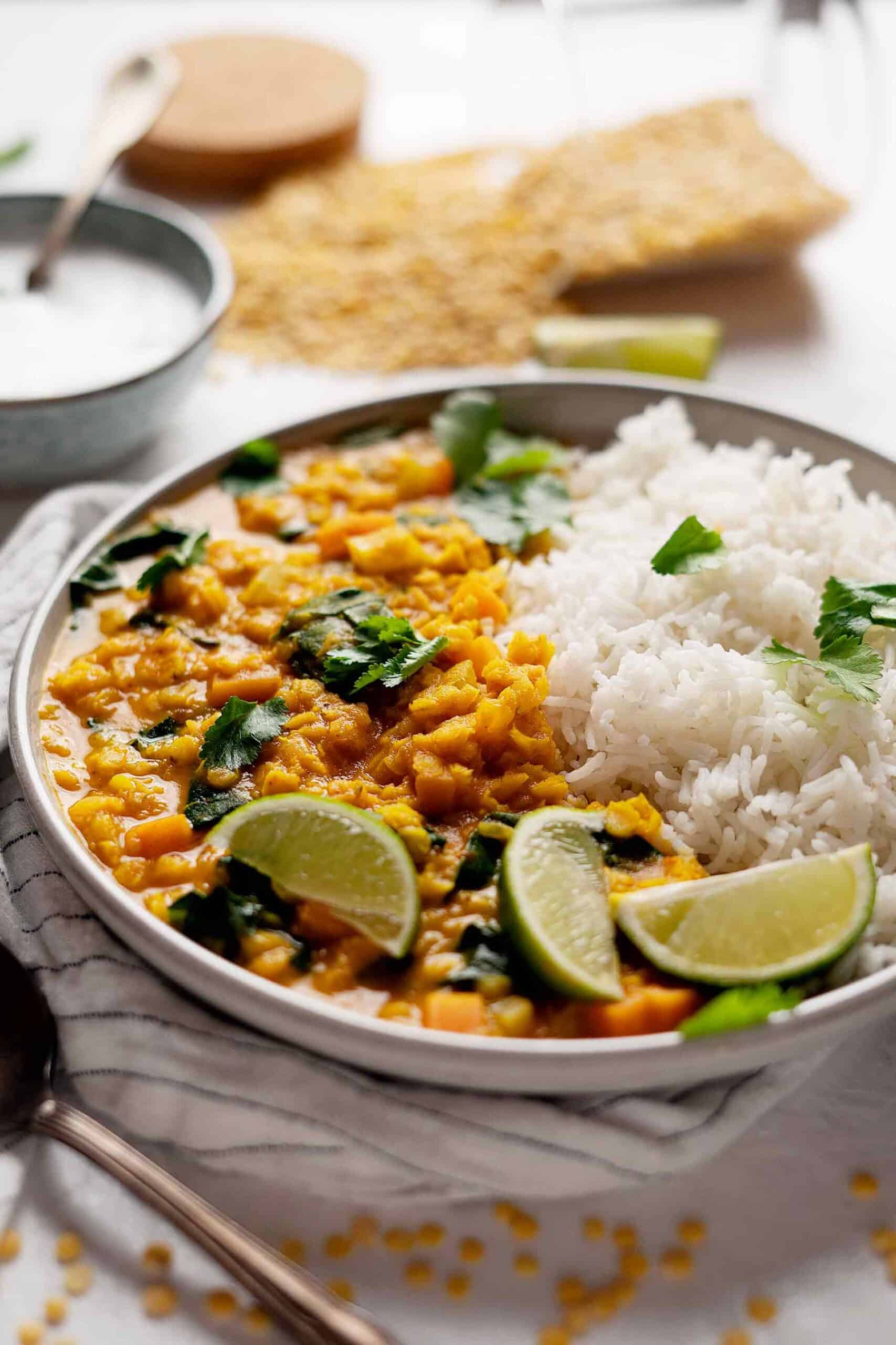 Quick lentil coconut curry in a plate with view from the font
