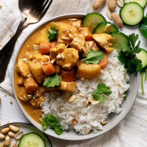 Quick chicken massaman curry in a plate with some rice
