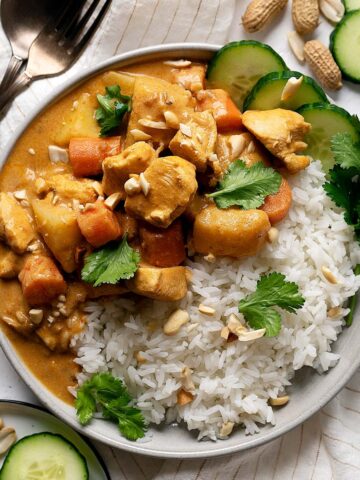 Quick chicken massaman curry in a plate with some rice