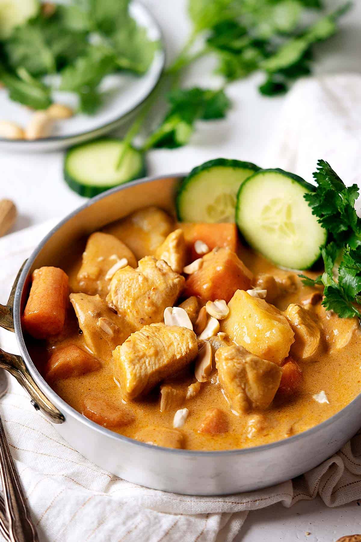 Quick chicken massaman curry in a bowl.