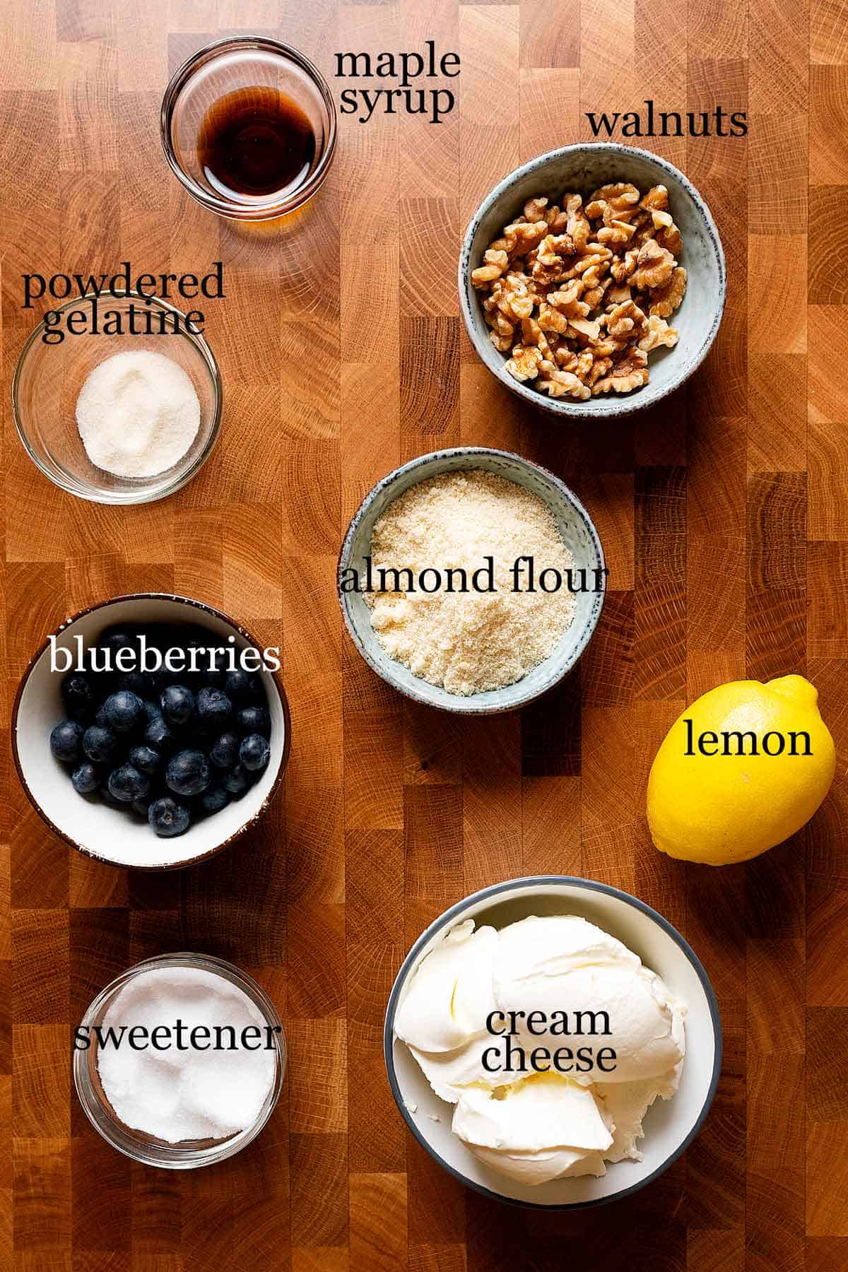 ingredients for healthy blueberry cheesecake.