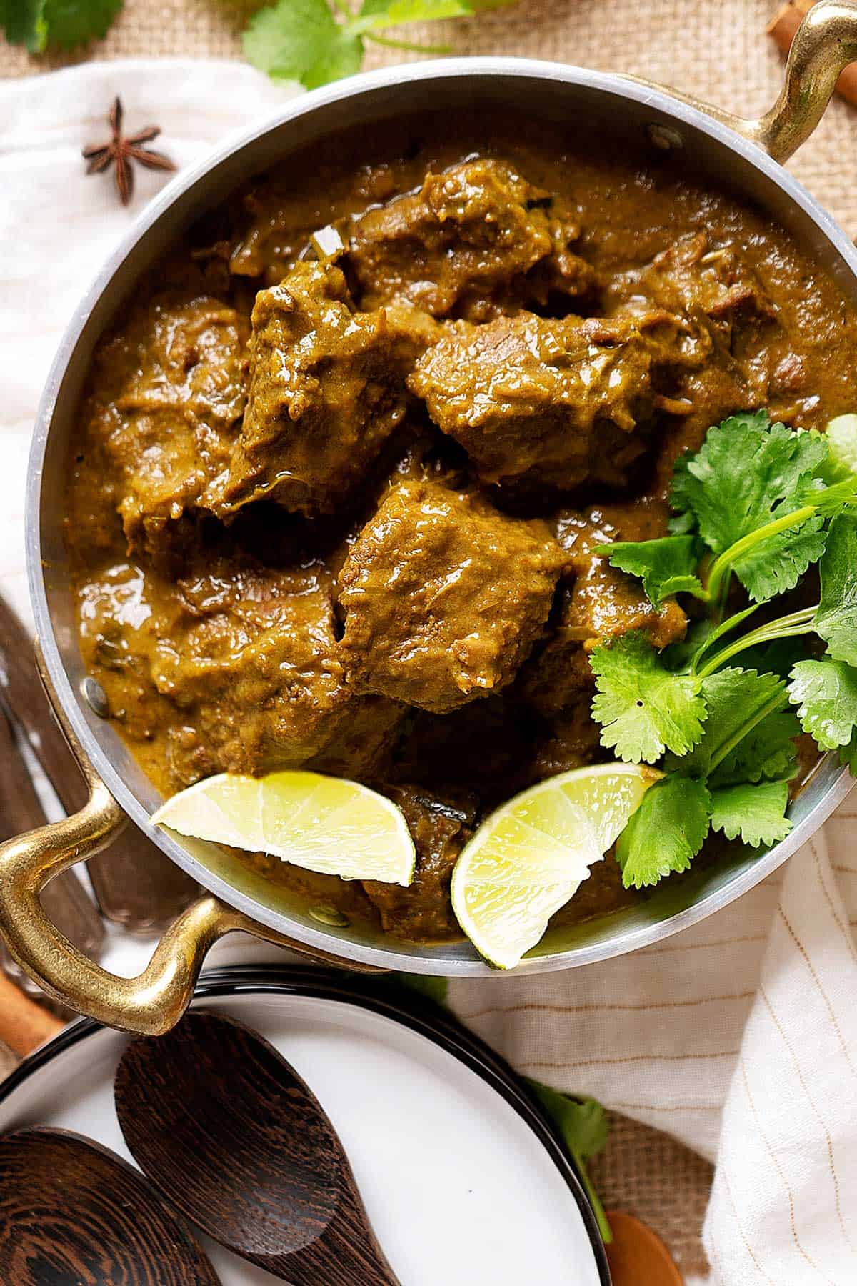 Slow cooker beef rendang in a bowl view from top