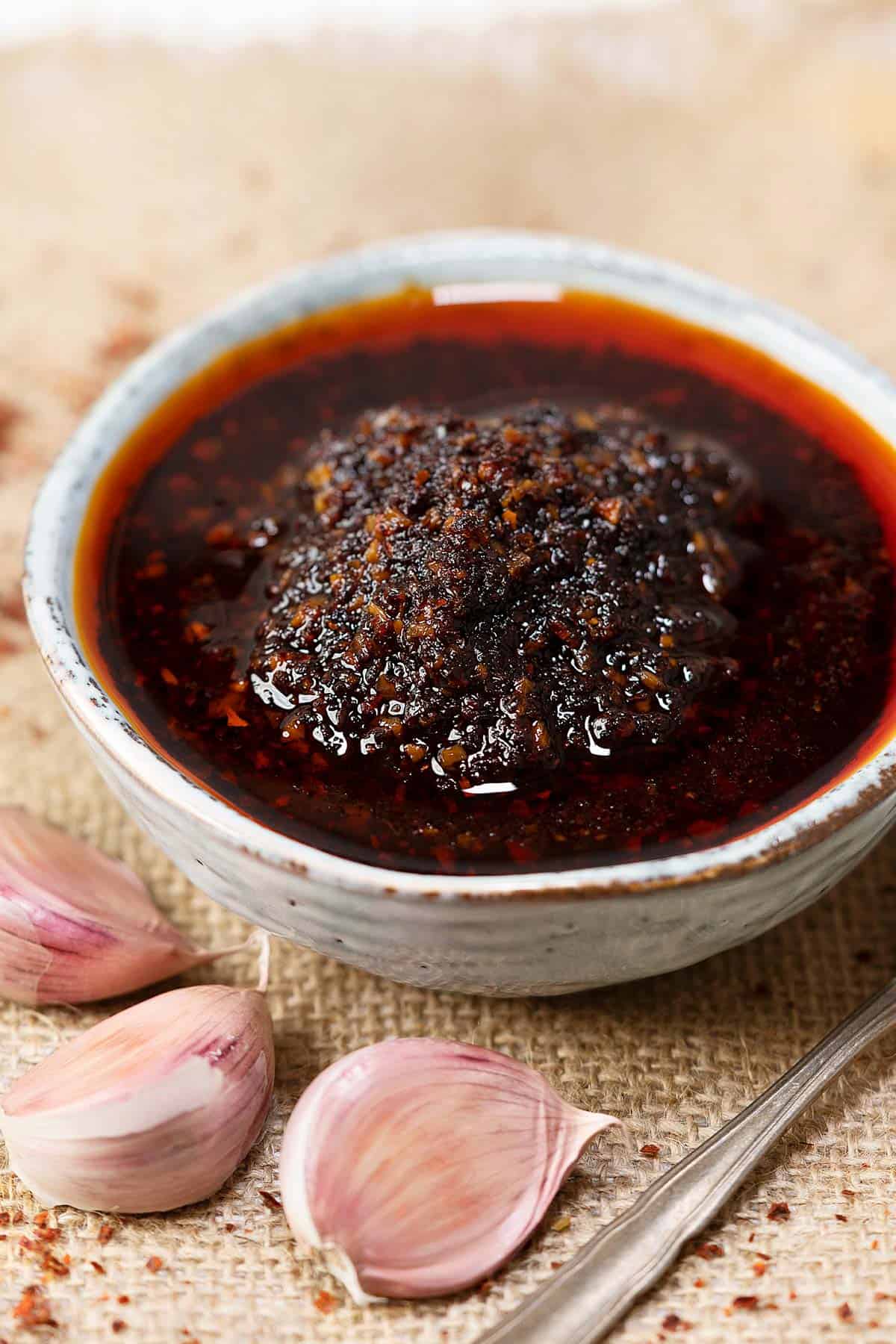 Garlic chili oil in a bowl