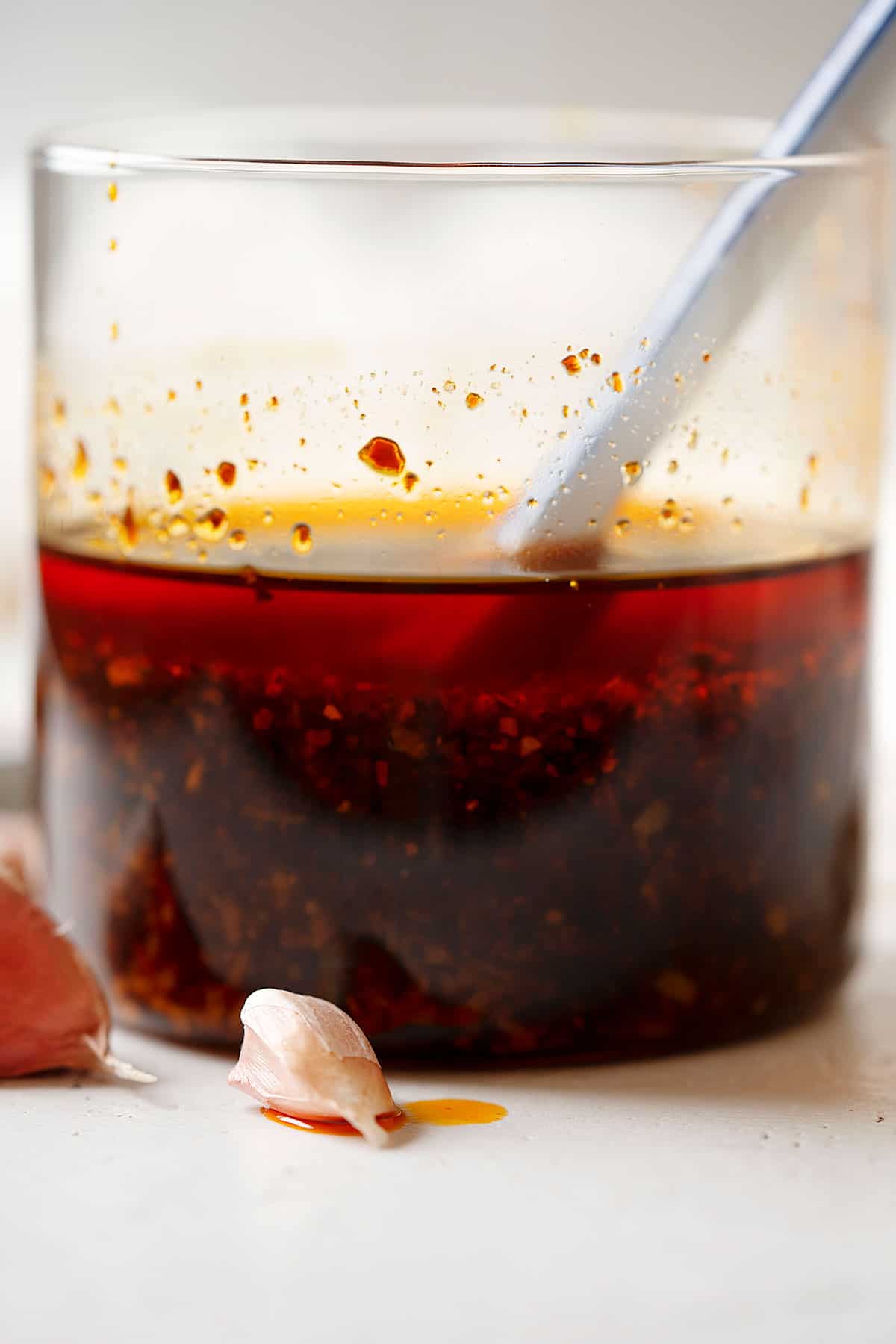 Garlic chili oil in a container